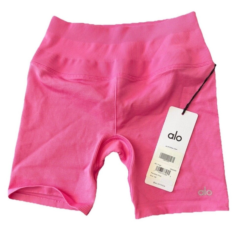 ALO Yoga 5” Seamless Ribbed Favorite Short, Paradise Pink, XS, Biker, NWT